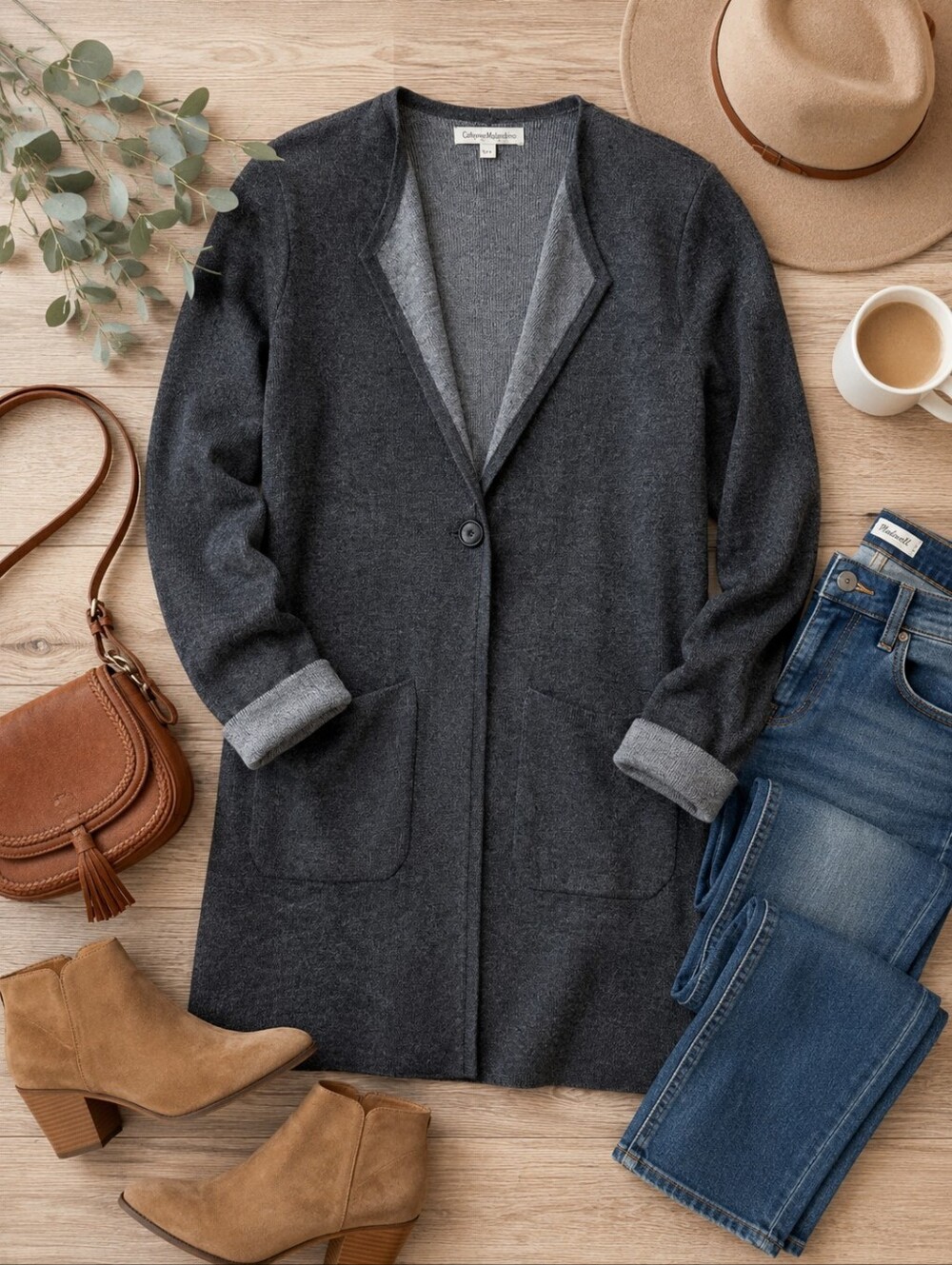 Catherine Malandrino Knit Sweater Blazer | Charcoal | Open Front | Cozy Chic L